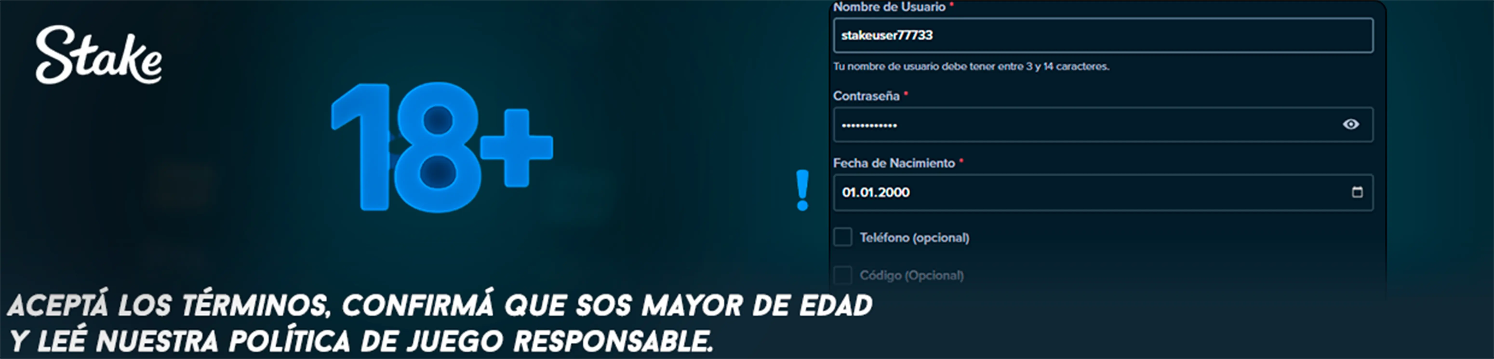 Aceptar términos y confirmar mayoría de edad en Stake