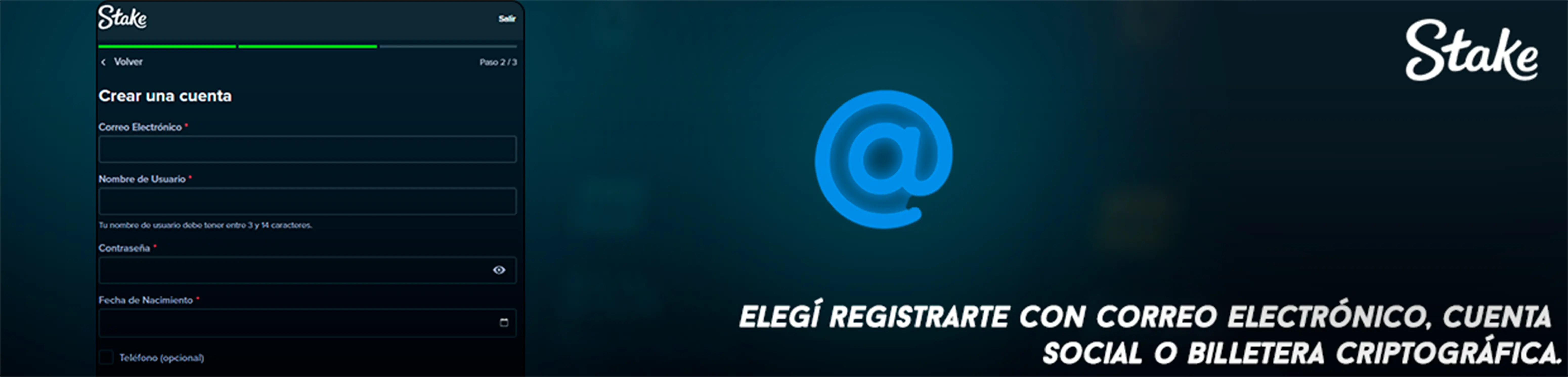 Elegir método de registro en Stake Argentina