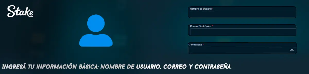 Ingresar información básica en Stake - usuario, correo y contraseña
